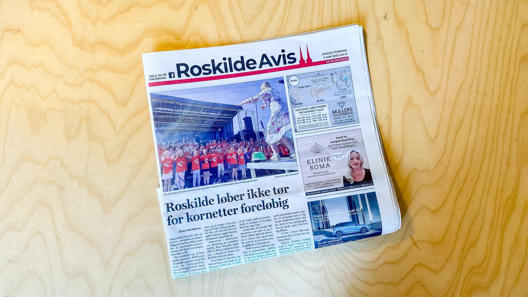 Billede af Roskilde Avis med artiklen med titlen "Roskilde løber ikke tør for kornetter foreløbig"