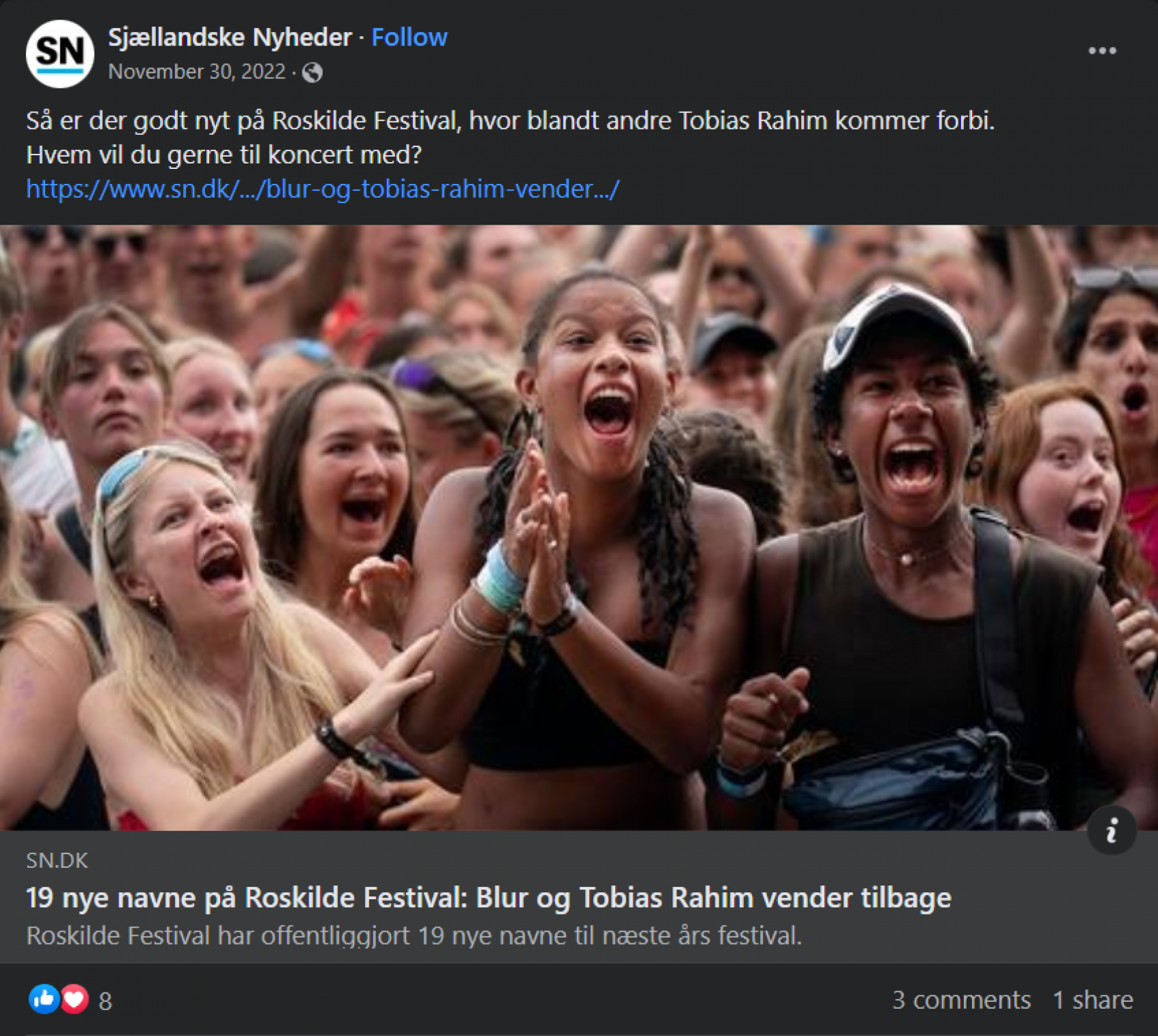 Screenshot af Facebook opslag fra Sjællandske medier der bringer nyhed om nye kunstnere på Roskilde Festivals program